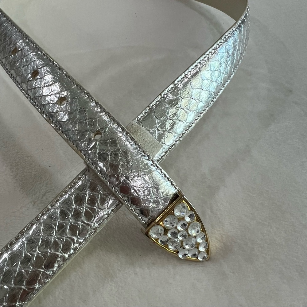 Vintage 1980's Metallic Silver Genuine Snake Skin Bling Belt Sz M/L Rhinestones - Picture 3 of 3